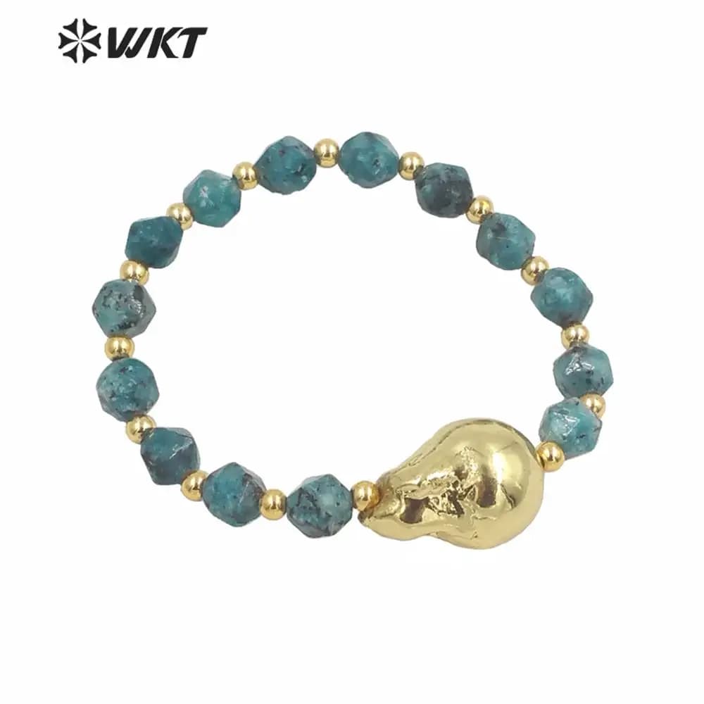 MPB024 Bracciale da donna in pietra Boemia Bracciale con ciondolo in perla barocca placcato oro pieno con perline di pietra flessibili fatte a mano