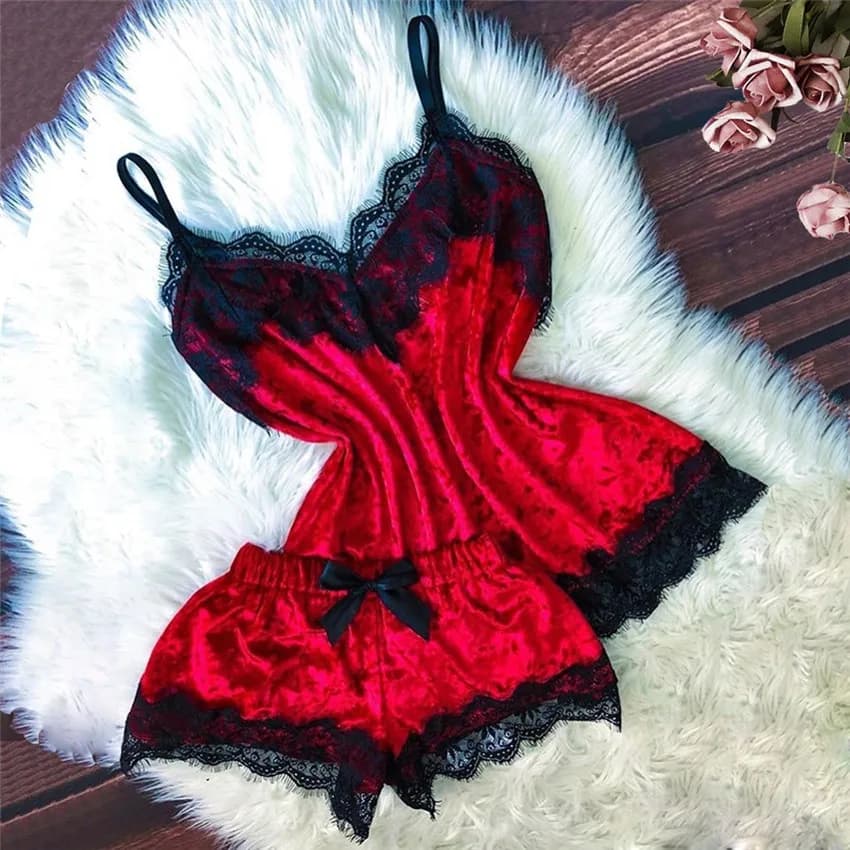 Pigiama estivo da donna con fiocco in velluto indumenti da notte senza maniche cinturino da notte in pizzo Cami Top pigiama set Femme lingerie sexy