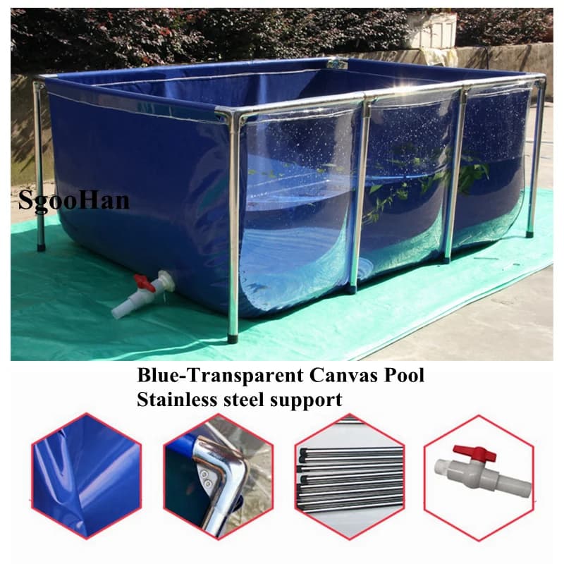 Piscina in Tela Blu Trasparente, Acquario Domestico, Vasca per Pesci, Piscina per Bambini, Serbatoio per Acquacoltura + Supporto in Acciaio Inossidabile