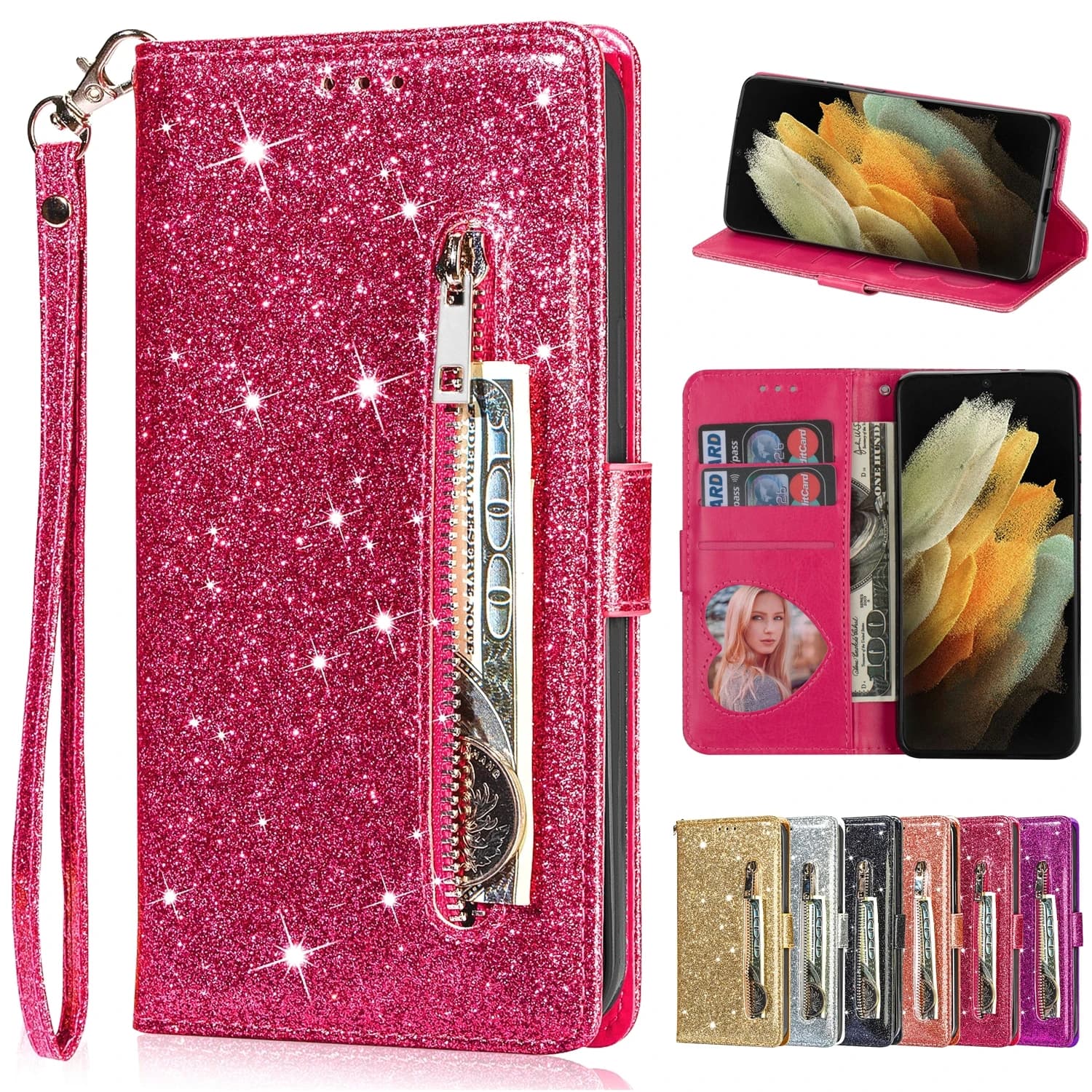 Custodia in pelle con cerniera glitter per XiaoMi Mi 13T 12T 11T 10T 11 Lite Poco F5 X5 X4 X3 GT F3 F4 M4 Pro M5S C55 C40 Portafoglio per telefono con vibrazione