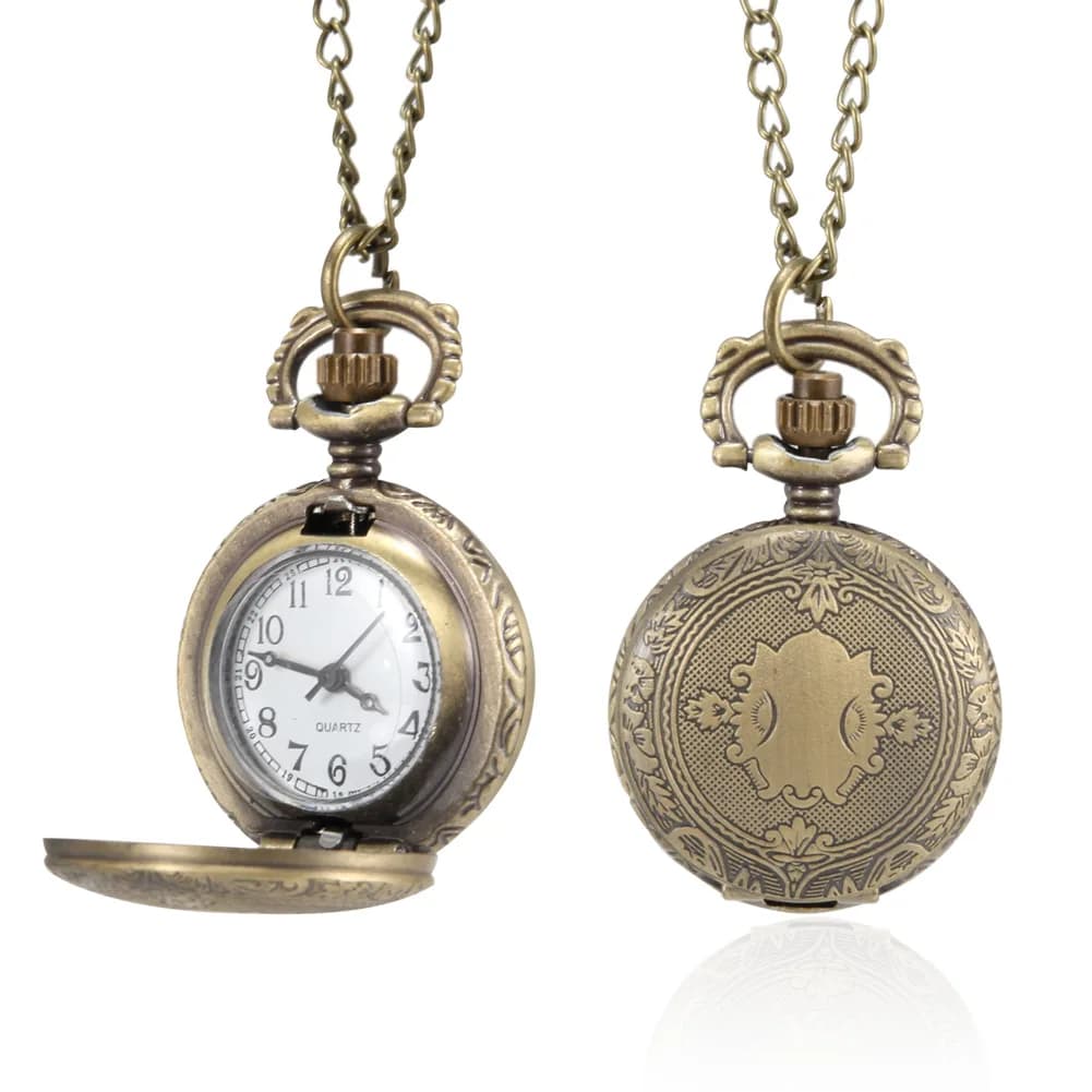 Men's and women's pocket watch, carved case with vintage shield and chain