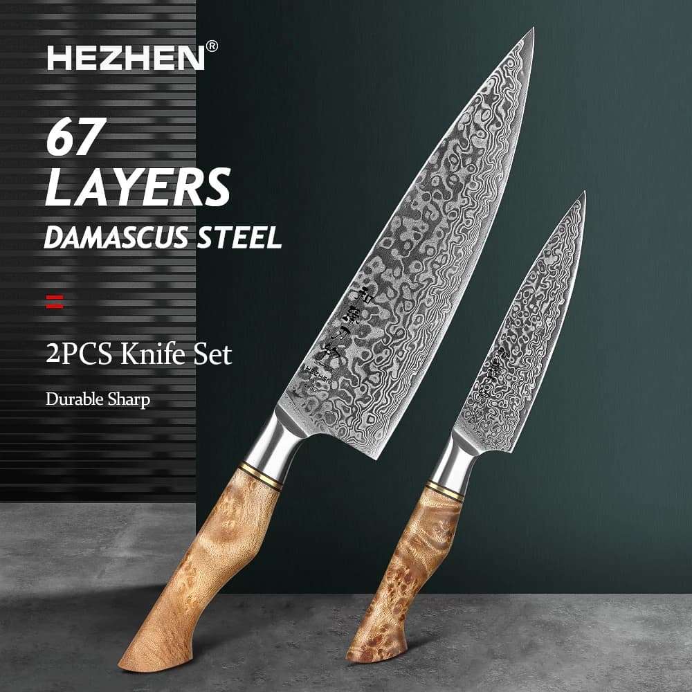 HEZH EN 2PC Set di coltelli da cucina Chef uitylity acciaio inossidabile ad alto tenore di carbonio VG damasco Super Steel 10 coltello da cucina per affettare