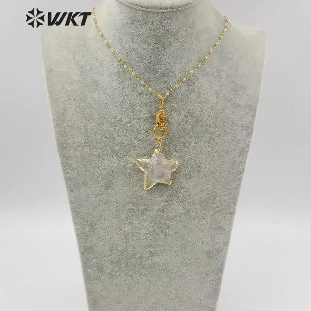 WT-N1214 Collana a Forma di Stella all'Ingrosso, Cristallo di Quarzo Naturale con Chiusura Magnetica Placcata Oro, Gioiello in Pietra Grezza per Donna