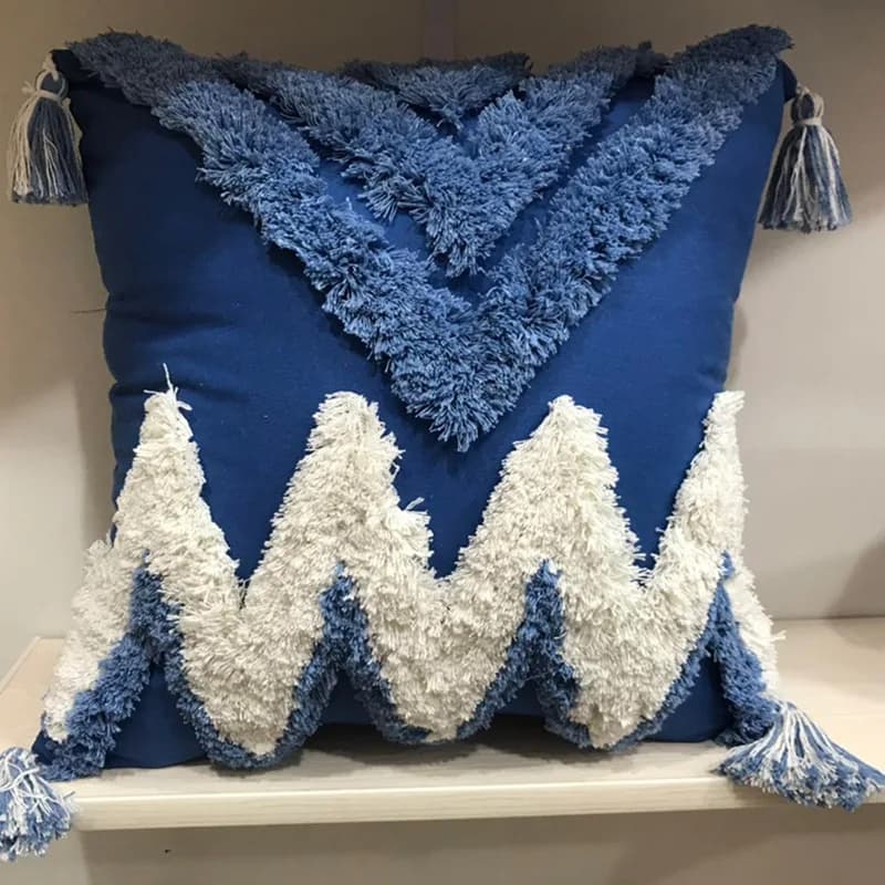 Geometric Decorative Boho Lumbar Pillowcase Tufted Tassel Blue Cushion Cover Cotton Throw Pillow Covers for Couch Sofa Bed