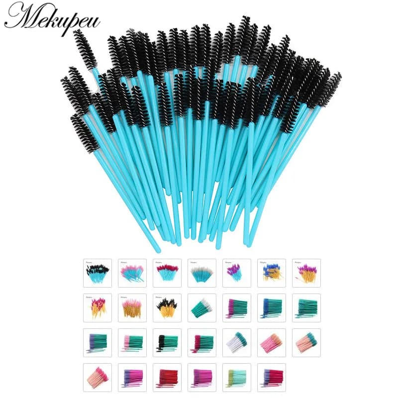 50 Pieces/Lotto Nylon Mascara Applicators with Golden Blue Handle, Disposable Brushes for Extension Eyelashes and Makeup