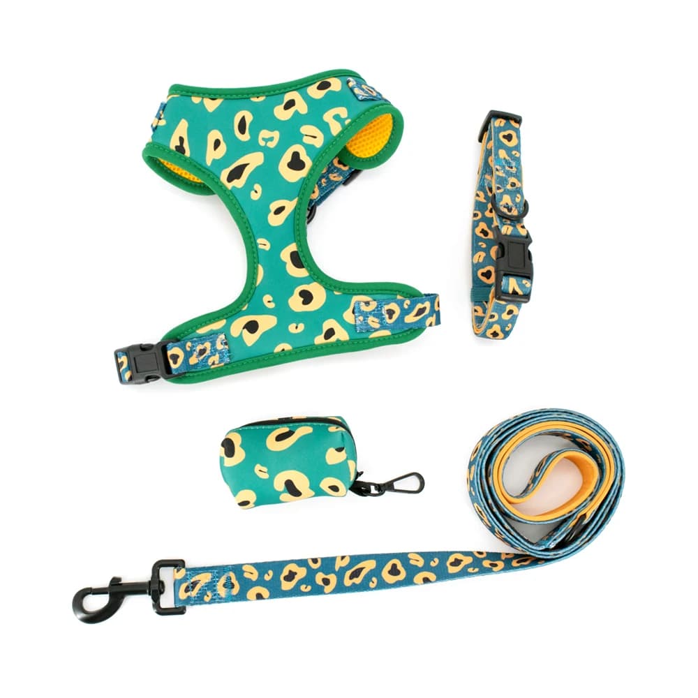 Collarlogo collare per cani regolabile durevole morbido carino creativo verde leopardo Design guinzaglio imbracatura in Neoprene Dispenser per sacchetti di cacca