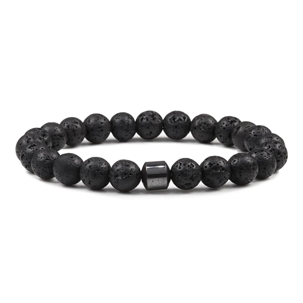 Bracciale con ciondolo in ematite a cilindro da uomo Classico lava nera Perline in pietra naturale Braccialetti elasticizzati Braccialetti Homme Gioielli Yoga Pulsera