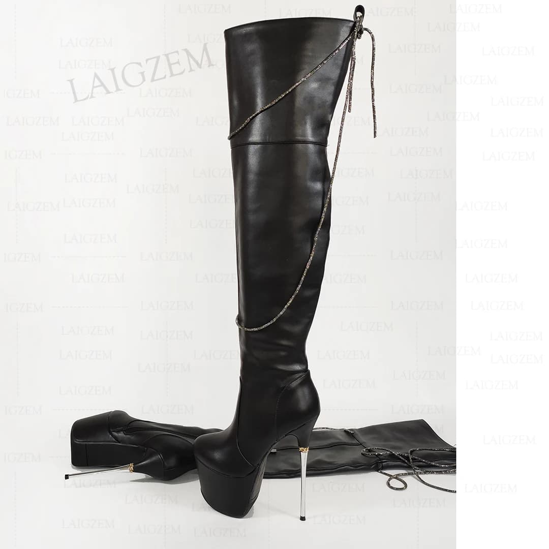 BERZIMER stivali sopra il ginocchio da donna stivali con tacco a spillo in metallo stivali in pelle + Cosplay sintetico altezza aumento scarpe donna taglia grande 41 43