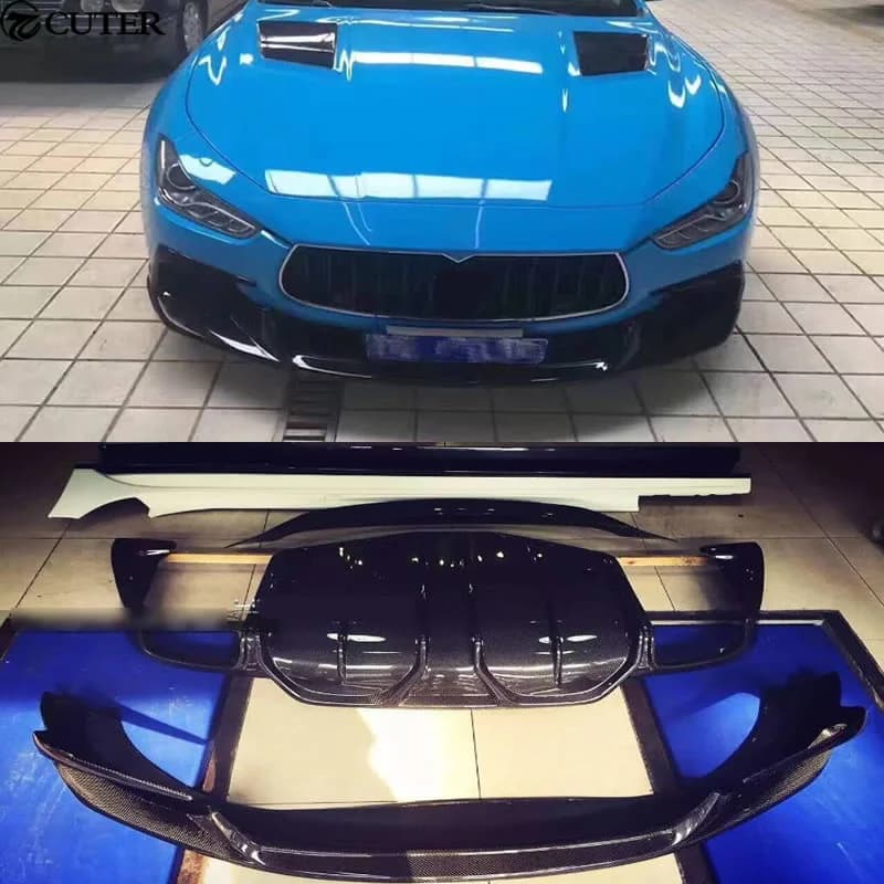 Carbon Fiber Body Kit for Maserati Ghibli Q4 Style Aspec: Front Bumper Lip, Rear Diffuser, Side Miniskirts, Spoiler Rear 14-16