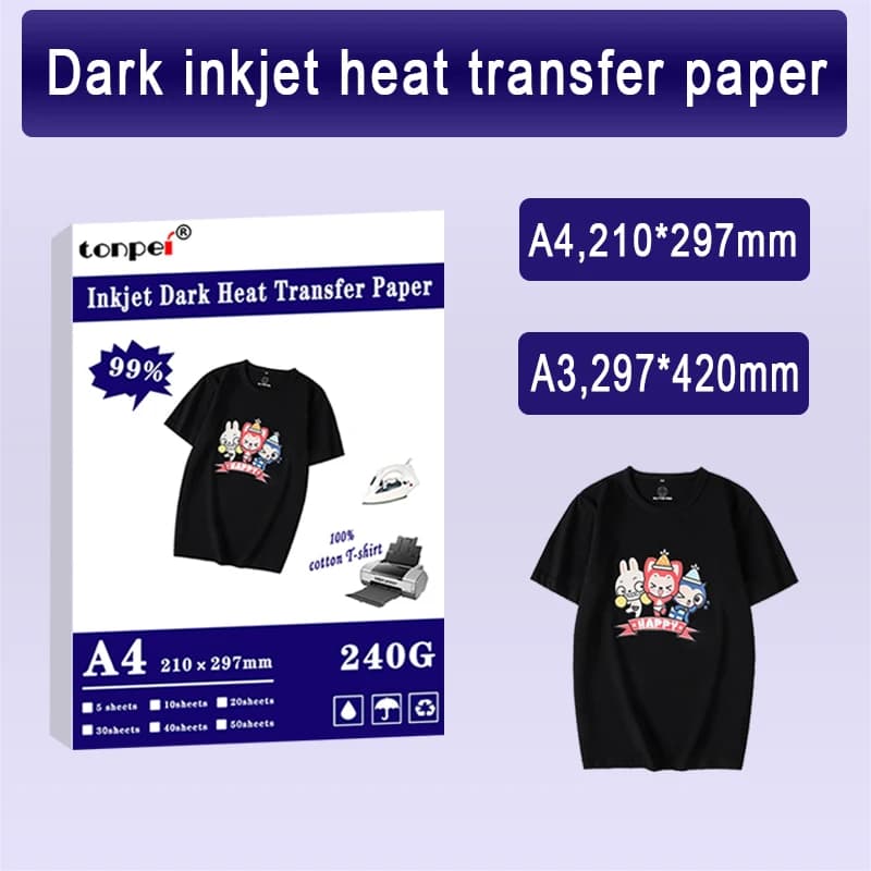 A3 A4 Ferro sulla maglietta Carta per trasferimento di calore per tessuti di cotone 100% di colore scuro Design di stampa a getto d'inchiostro per regali fai da te