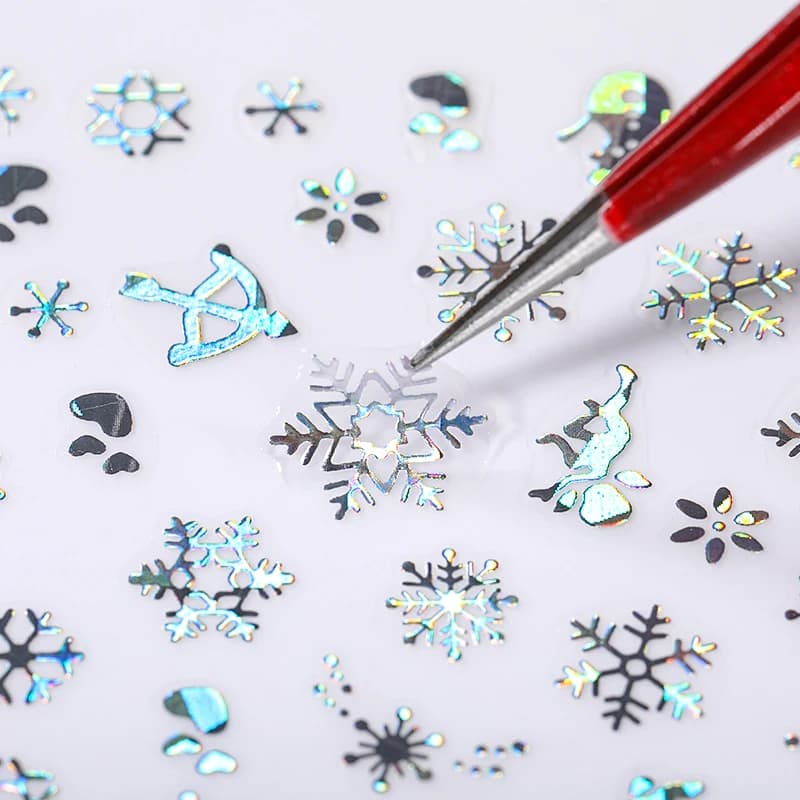 Fiocchi di neve d'argento olografici adesivi per unghie di natale 3D effetto Laser alci cursori di trasferimento autoadesivi decorazioni per Nail Art