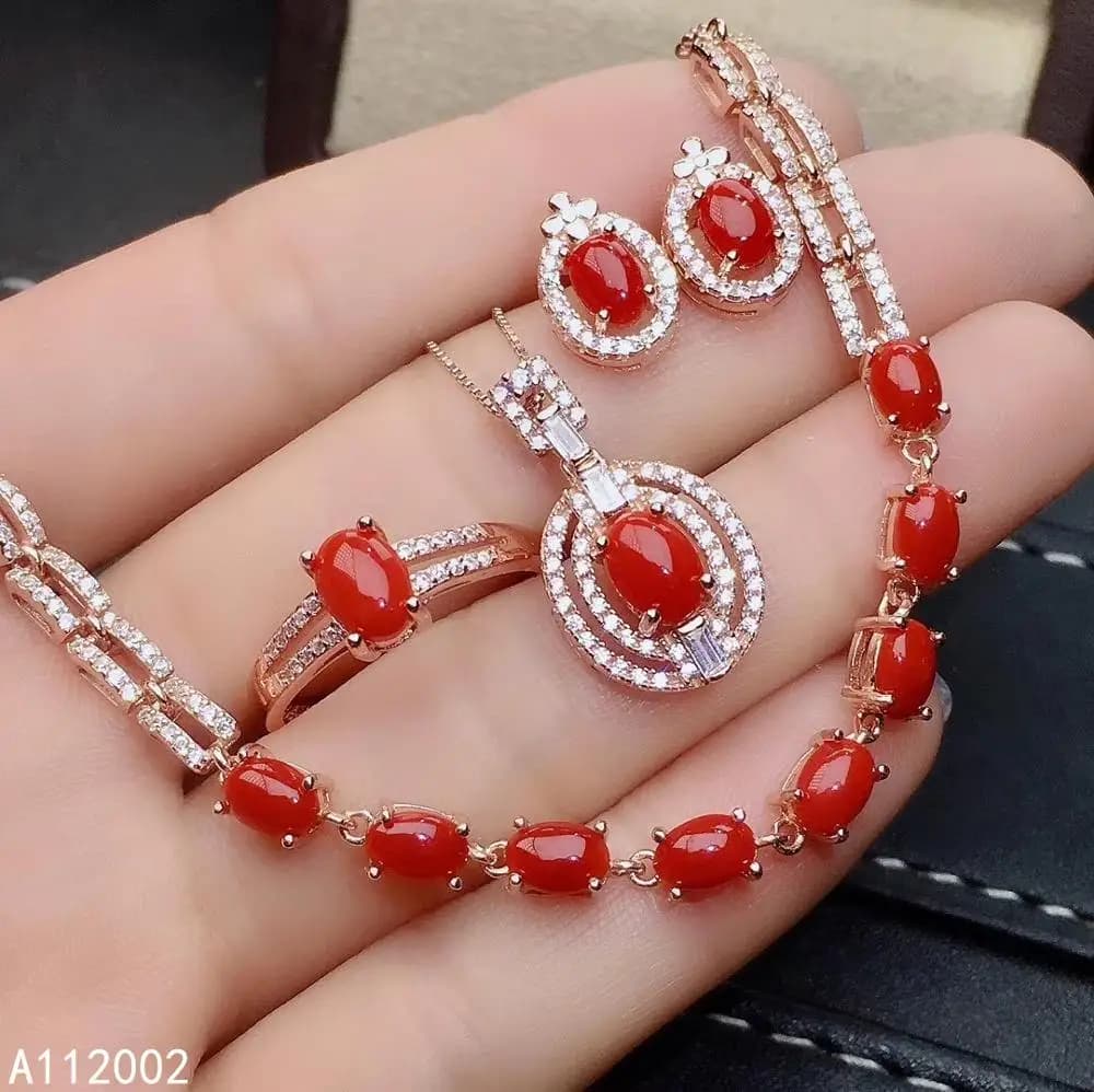 KJJEAXCMY Gioielleria raffinata Corallo rosso naturale Argento sterling 925 Collana da donna Bracciale Anello Orecchini Set Supporto Test di lusso