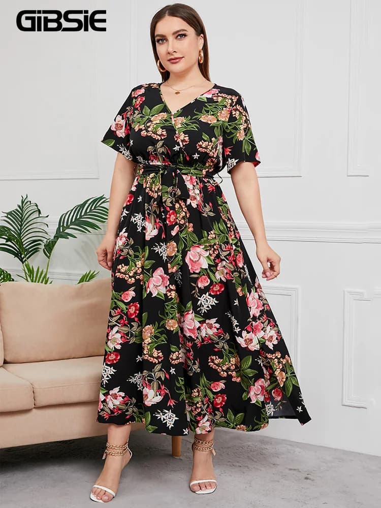 GIBSIE Plus Size scollo a V stampa floreale abito Boho donna estate manica corta Maxi abiti vacanza a-line vestito con cintura femminile