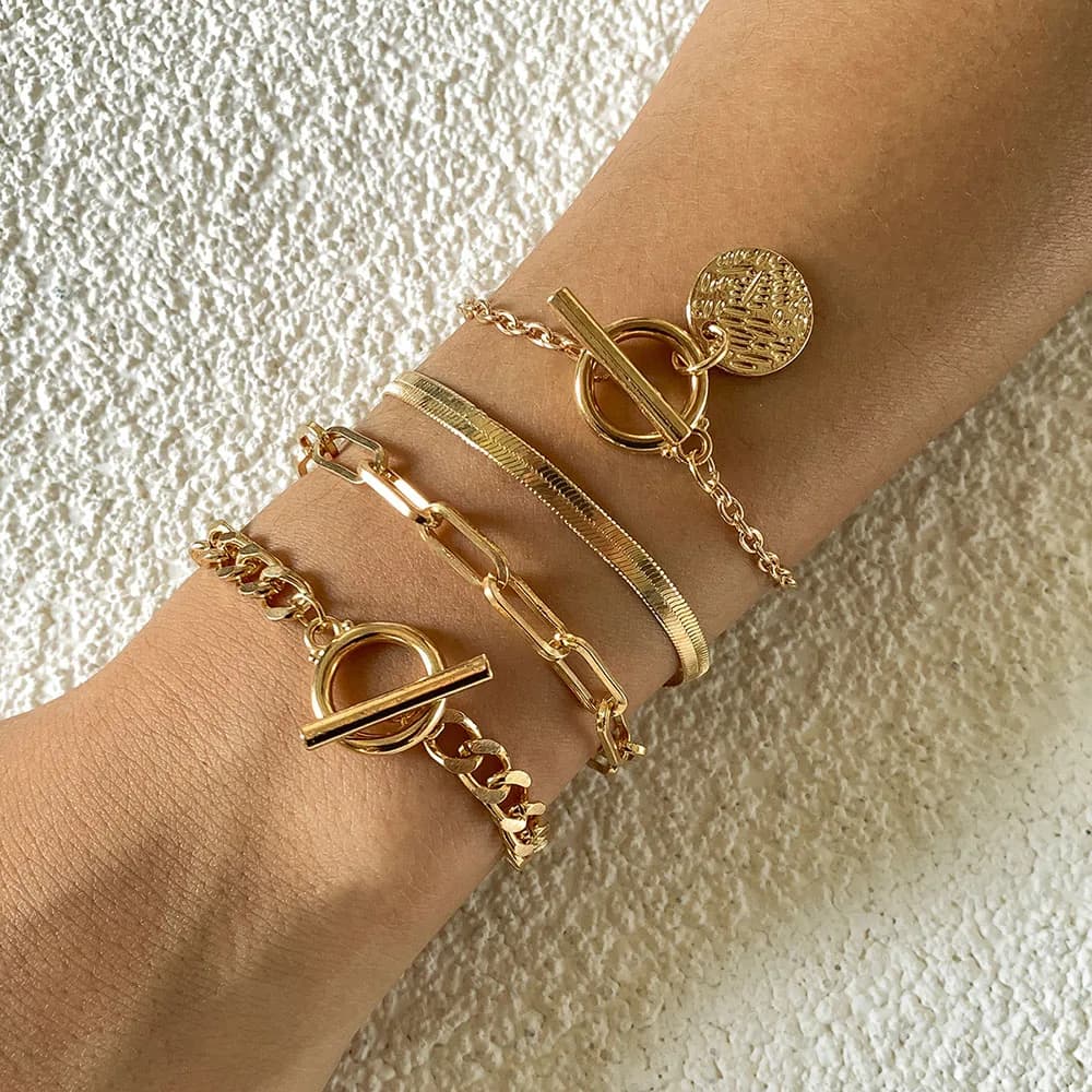 Bracciale regolabile geometrico multistrato Boho da donna, moda punk, catena a serpente piatta, set di braccialetti in metallo cavo, regalo di gioielli per ragazza
