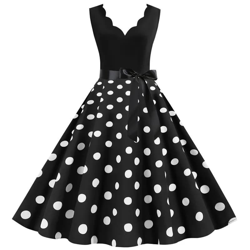 Women's retro summer dresses 50's 60's without sleeves with V a polka dot neck with ball bow summer party dress