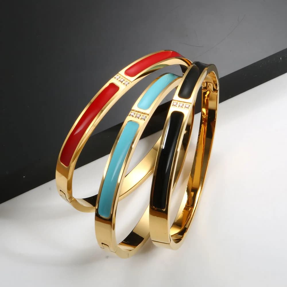 Fashion Women Enamel Bangle Bracelet CNC CZ Crystal Gold Color Black Red Blue Colorful Bangle Bracelet For Women Jewelry Gift