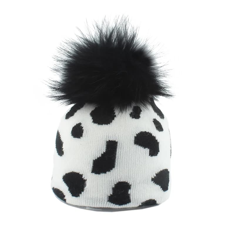 2020 New Fashion Cute Cow Hat Winter Real Fur Pompom Hats For Women Girls Pompon Beanies Skullies Double Layers Warm Knitted Cap