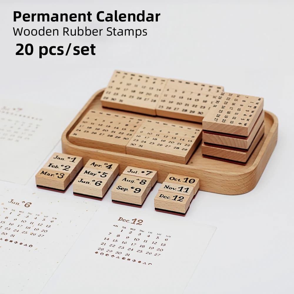 Yoofun 20 pcs/set Permanent Calendar Wooden Rubber Stamps for Junk Journal Planner Scrapbooking Decoration DIY Craft Card Making