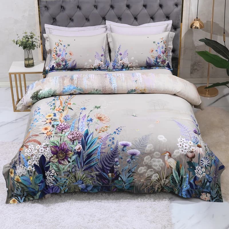Set biancheria da letto in cotone egiziano grigio Set copripiumino con stampa di uccelli fiori digitali 3D di lusso Set lenzuolo Federe Tessili per la casa
