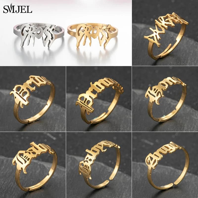 Nuovi Anelli in Acciaio Inox con Lettere Artistiche per Donne, Anelli Punk con Scritta in Stile Old English, Gioielli con Scritta Babygirl, Angel, Prince, Princess