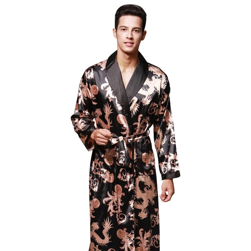 Men's Fashion Dress Night Shirt Nightwear Trained Dragon Print Nightwear Chinese Kimono Vestaglie Men's Vestaglie Bathrobe