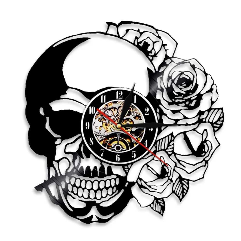 Hippie Teschio Con Rosa di Arte Decorativa Orologio Da Parete Orologio di Scheletro Del Cranio Spina Rose Disco In Vinile Orologio Da Parete Casa Orologio Gotico Decor