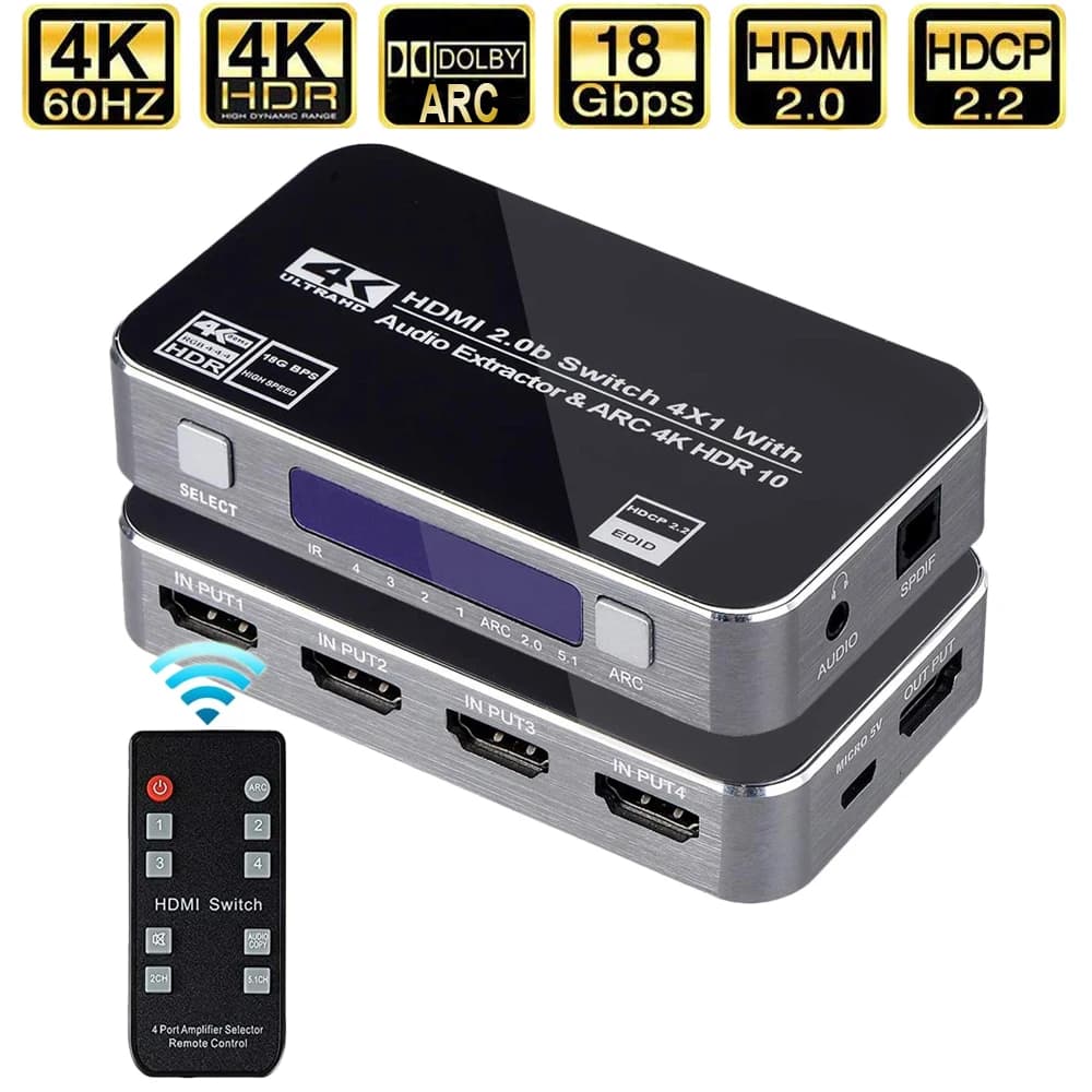 Switcher HDMI 4K Switch HDMI 2.0 estrattore audio HDMI HDR ARC splitter 4X1 con telecomando (uscita audio stereo HDMI in a HDMI toslink)