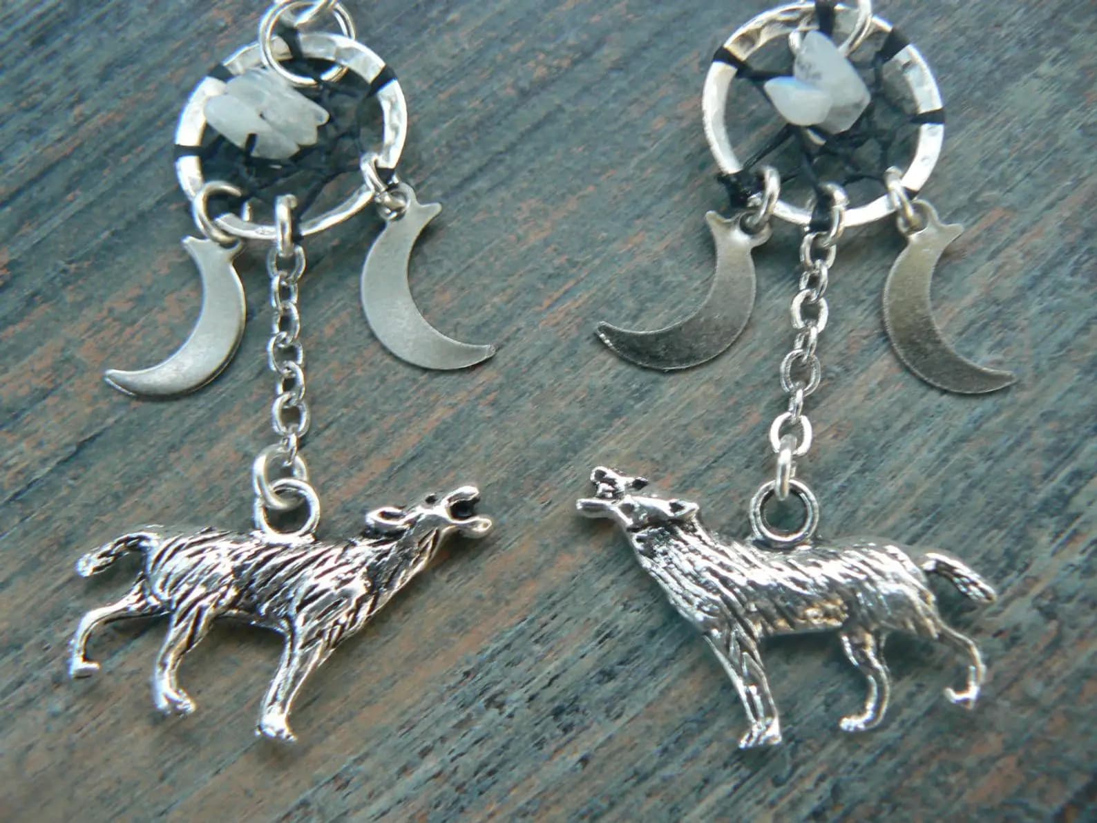 Wolf Earrings howling at the triple moon dreamcatcher moonstone moon goddess pagen native tribal fusion boho earrings