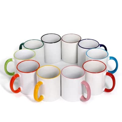 Tazza in ceramica vuota con manico colorato, per sublimazione
