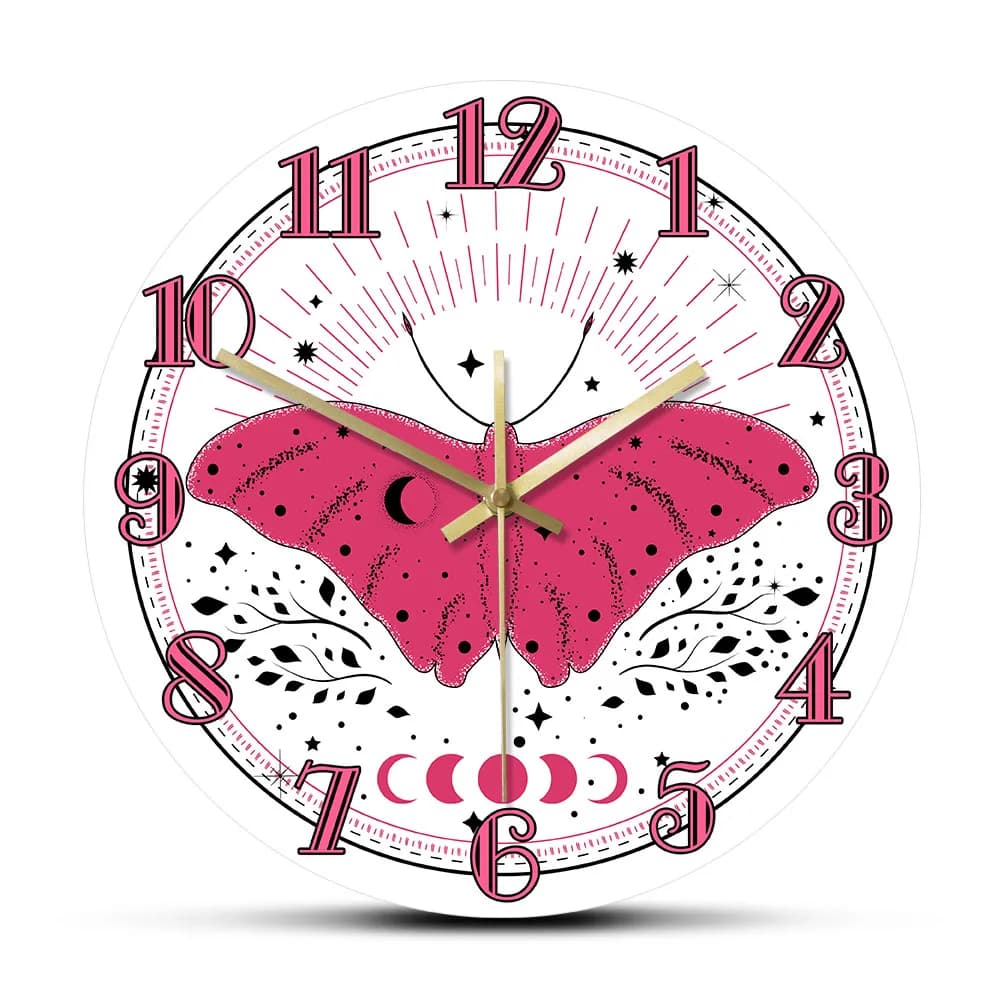 Farfalla rosa con elementi di sole e luna orologio da parete silenzioso stile Boho farfalla Nursery Wall Art Home Decor regalo di inaugurazione della casa