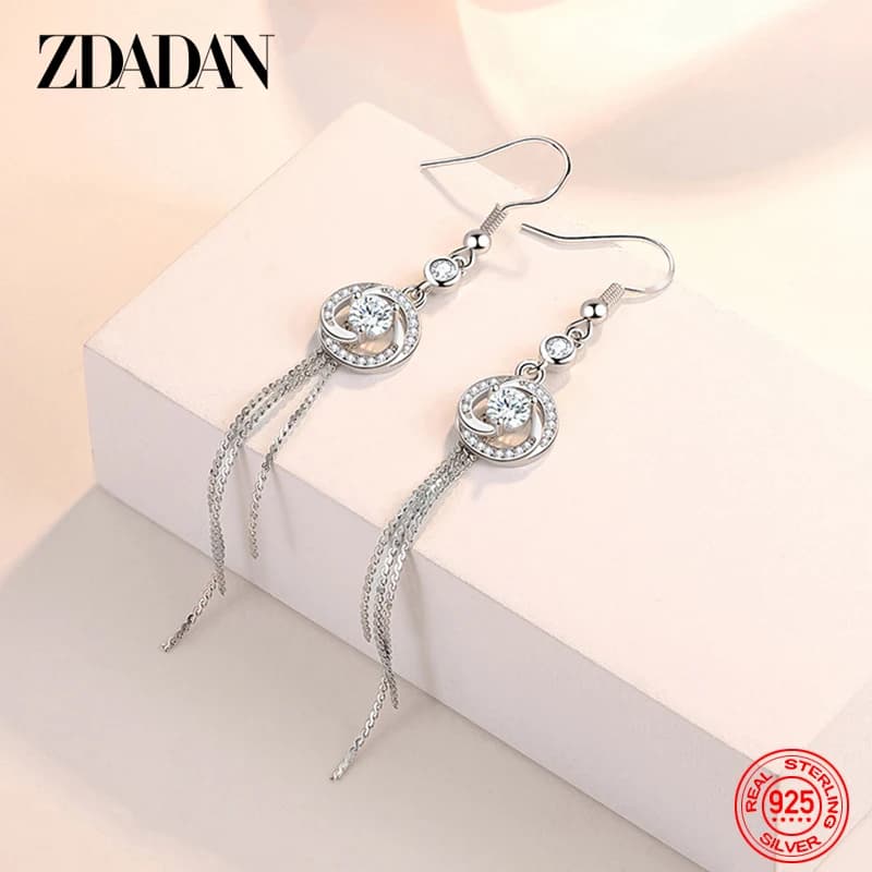 ZDADAN 925 Sterling Silver Round Zircon Long Tassel Dangle Earrings For Women Charm Jewelry