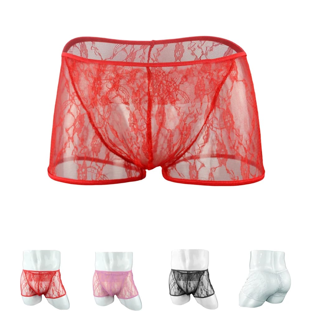 Boxer intimi da uomo sexy in pizzo trasparente Tronco gay Mesh Pantaloncini traspiranti Mutande ZJH114