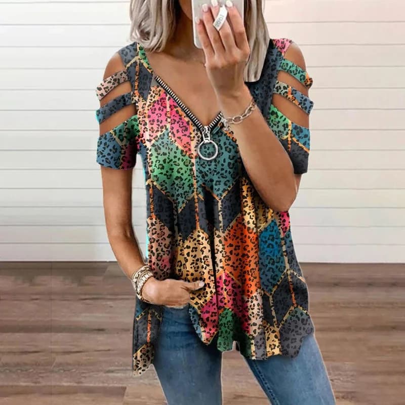 Women's Casual loose shirt with v neck and zipper with cold shoulder printed new summer woman's blouse Sexy spring 2022 new clothes