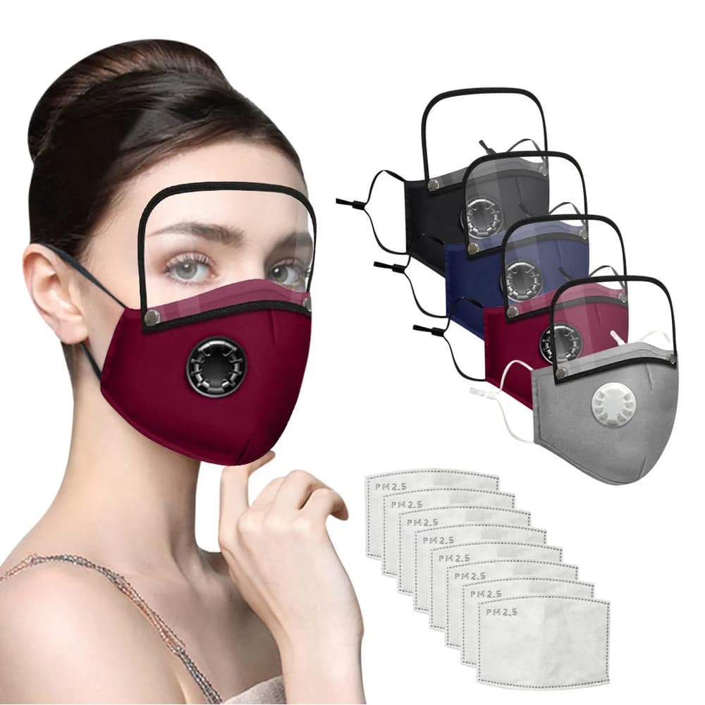 Reusable washable face masks with 10 replaceable filters PM2.5 Breathable mouth mask with windproof cotton valve and dustproof with eye mask