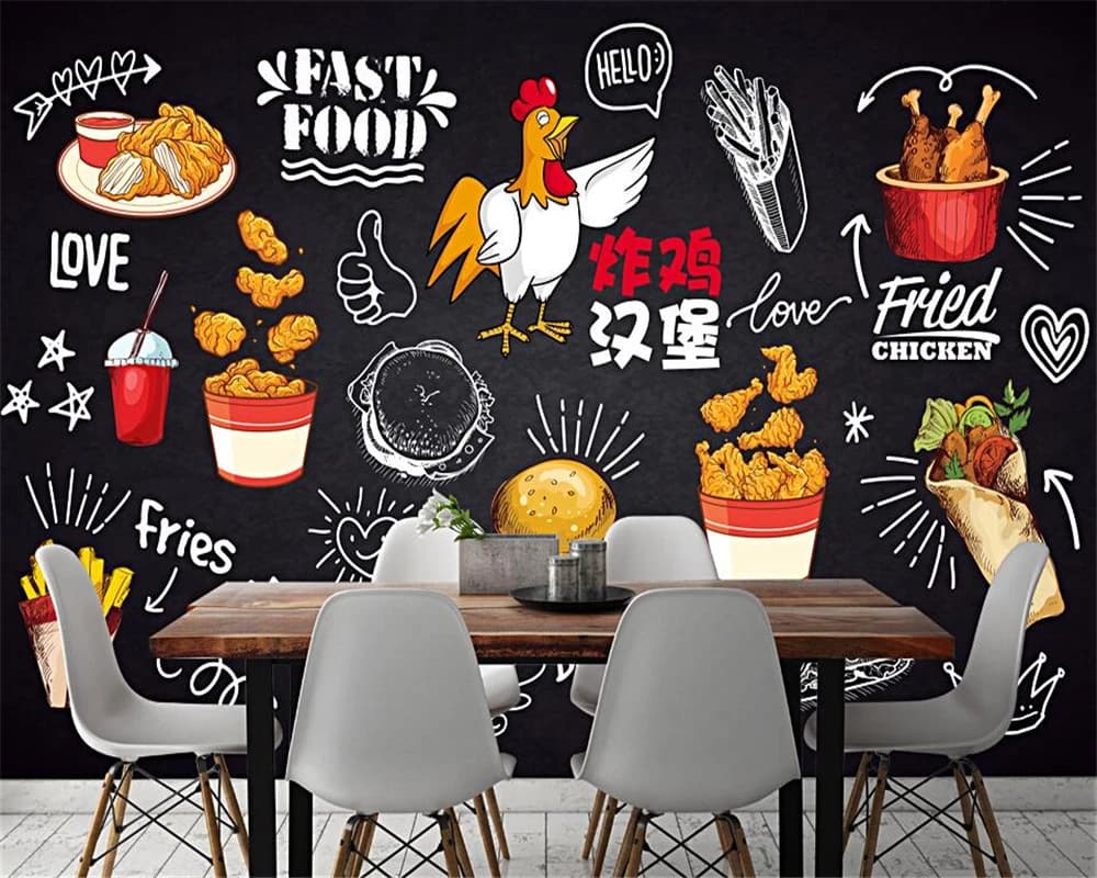 Lavagna murale 3d personalizzata carte da parati per hamburger di pollo fritto dipinte a mano che pranzano la parete del fondo delle patatine fritte degli alimenti a rapida preparazione gourmet