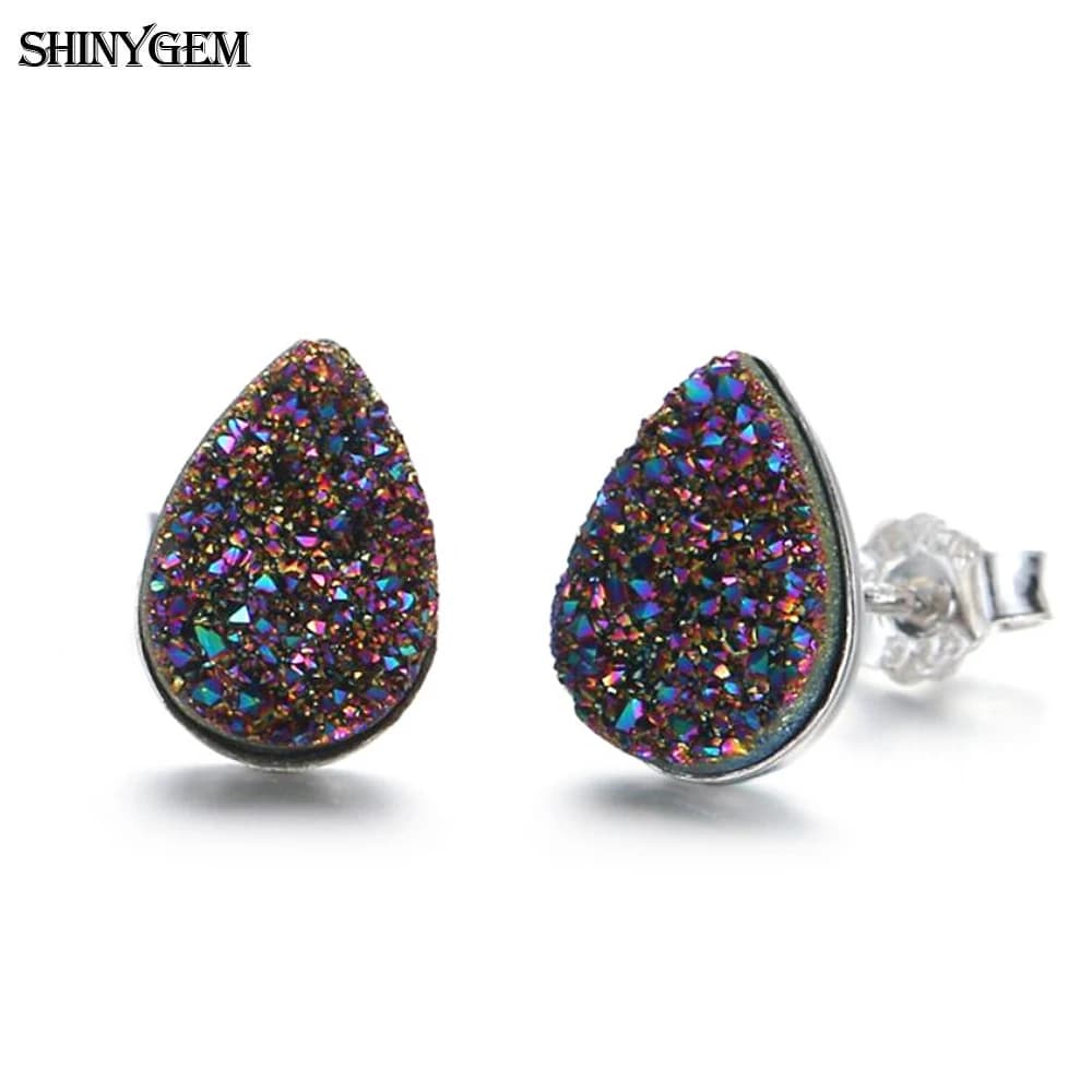 ShinyGem Piccolo Fascino 6*9mm Forma di Goccia D'acqua Cristallo Naturale Druzy Orecchini con perno 925 Nastro Geode Pietra Preziosa Per Le Donne Gir