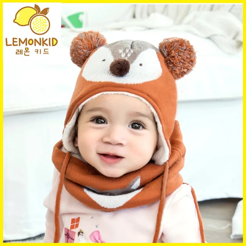 Lemonkid 2Pcs/Lot Baby Winter Hat Scarf Baby Cartoon Fox Cap Children Warm Scarf For Boys Suit Beanie Velvet Hat Scarf For Girl