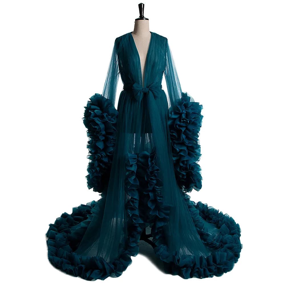 Ruffles Blu Grigio Abiti da sera Scollo a V Maniche lunghe Fotografia sexy Tulle Accappatoi per gravidanza Abito da festa con fiocco personalizzato