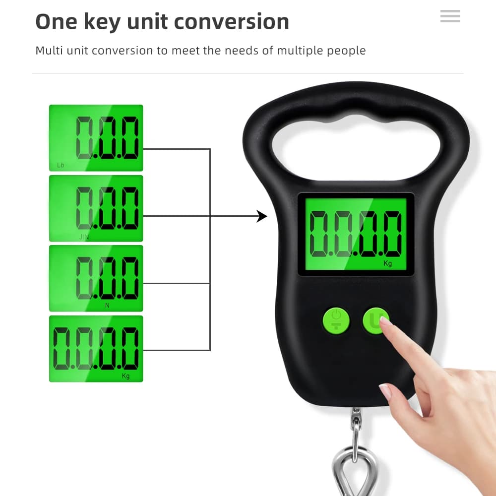 Bilancia digitale sospesa da 50 kg/10 g Bilancia portatile per bagagli Display LCD elettronico Bilancia per pesci con comoda impugnatura con gancio