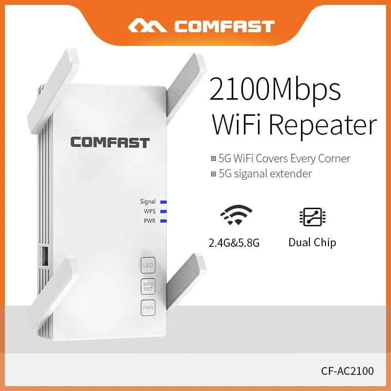 Comfast 2100Mbps Ripetitore Wifi Wireless Dual Band WiFi Extender 2.4G/5G Gigabit RJ45 Porta Router Domestico 4*3dBi Antenne