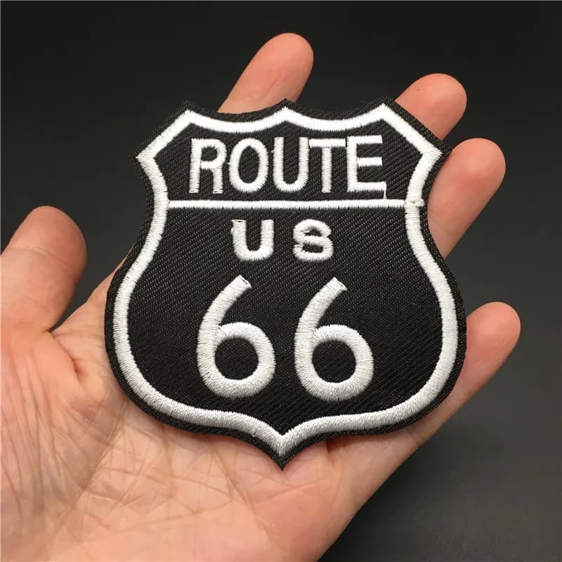 Route 66 Dimensioni: 7,2x7,8 cm Toppa per vestiti fai da te Termoadesivo su distintivo Striscia ricamata per abbigliamento Giacca Adesivo Applicazione da cucito