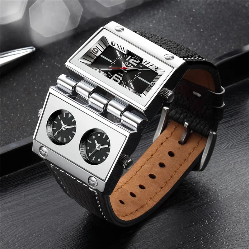 OULM 9525 Big Men's Watch from Unique Design Three Time Zones Military Watches Men's Unique Wrist Watch With Leather Strap Style Punk
