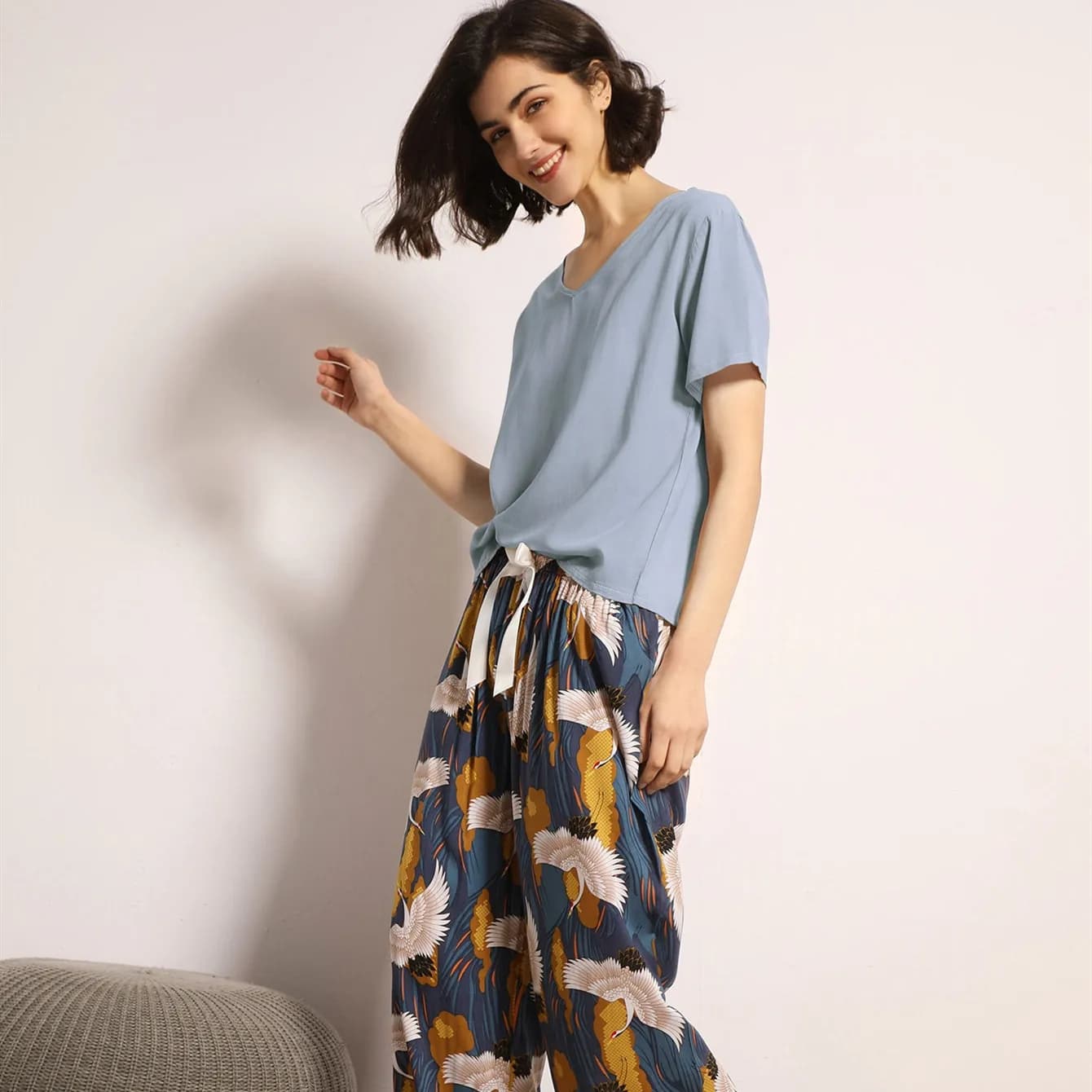 RU Summer pajamas Set woman Sleepwear women Casual Floral Printed contrast Color pyjamas top and pants BLong clothing for the house