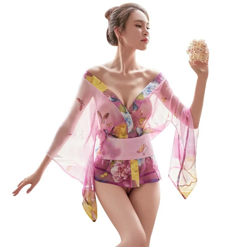 2025 Sexy Lingerie Printed Chiffon Kimono Bathrobe Women Nightdress Pajamas Dressing Gowns Perspective Robe Sets Sleepwear