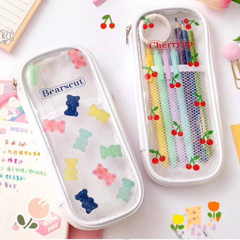 Cherry transparent pencil case Cute pencil bag big pen case stationery bag Multifunctional desktop storage bag cosmetic bags