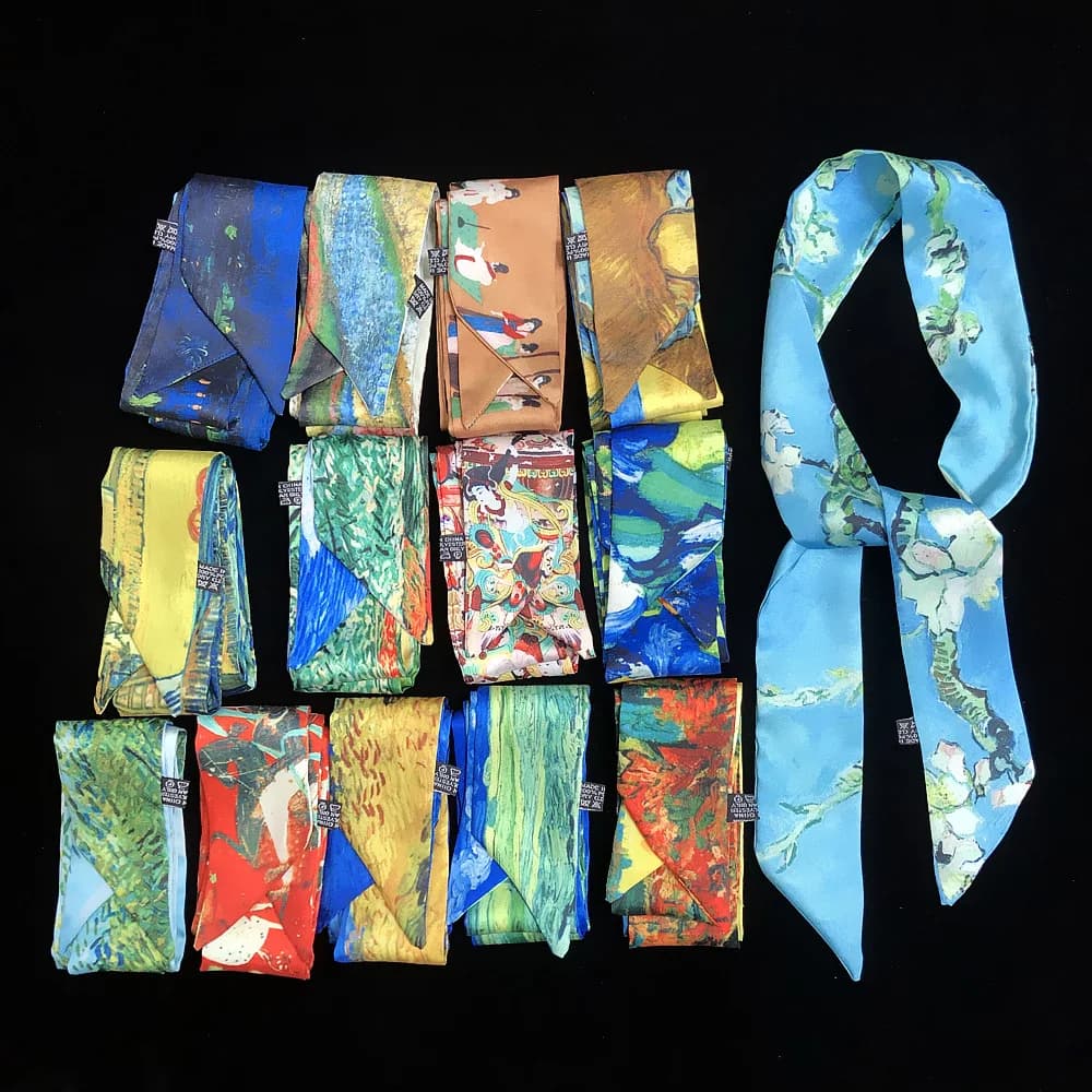 2023 Van Gogh pittura a olio Twill sciarpa di seta donna fazzoletto da collo sciarpa Skinny borsa nastri femminile cravatta testa sciarpe avvolge