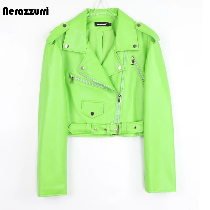 Nerazzurri Primavera Autunno Breve Verde Rosa Elegante Giacca da motociclista in ecopelle Donna Cerniera Manica lunga Moda 2022 5xl 6xl 7xl