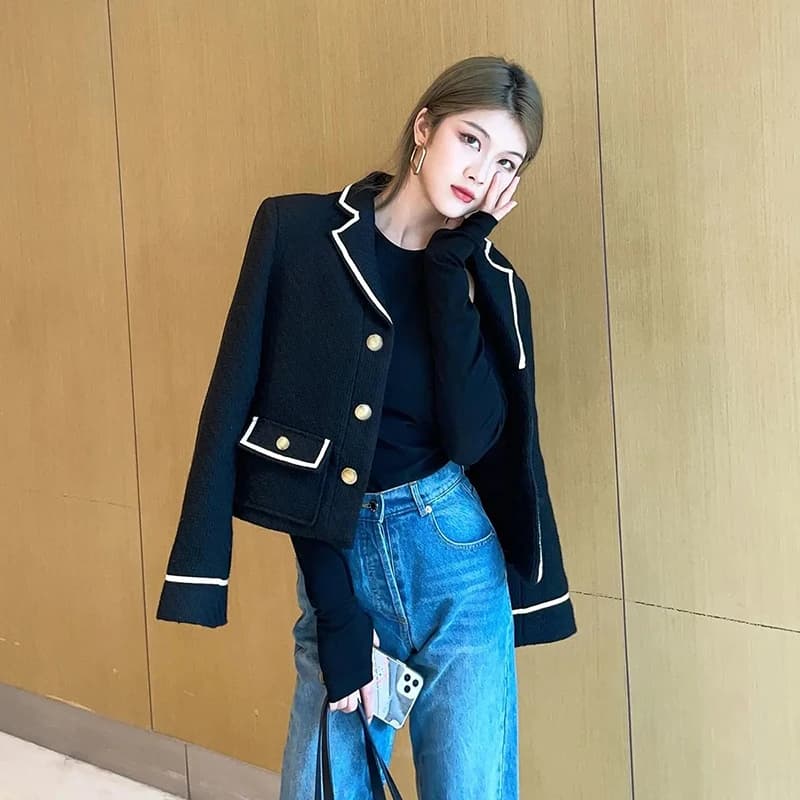 Women's Autumn New Classic Black Tweed Short Suit Lapel Jacket Ladies OL Blazer