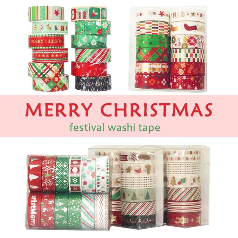 60 Meter Christmas Washi Tapes Set 12Pcs/Lot Decorative Red Green Stars Gold and Silver Foil Masking Tape Cute Stationery