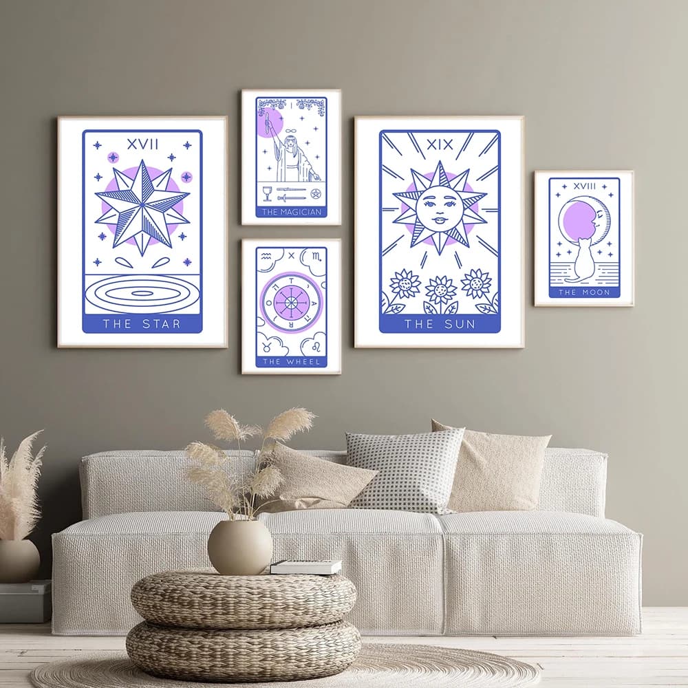 Carte dei tarocchi blu Poster astratti Imperatrice Amanti degli sciocchi Ruota Pittura su tela Carta del mago nordico Immagine di arte della parete Arredamento della camera da letto